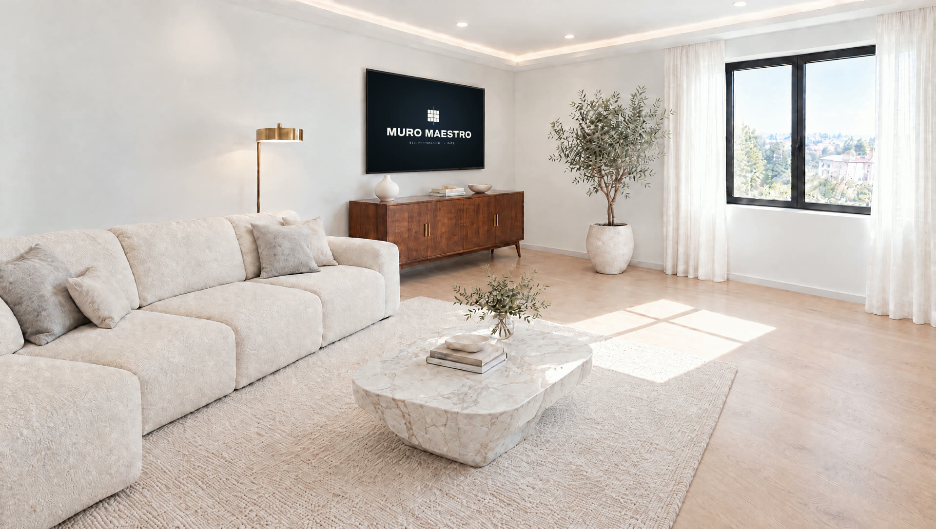 Il salone dopo: pareti bianche, parquet chiaro, divano avorio e TV