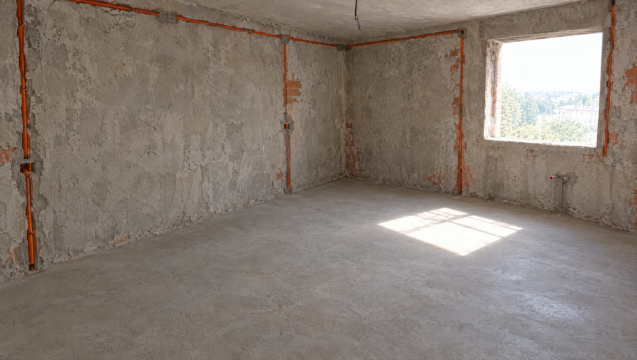 Il cantiere al grezzo con i nuovi impianti nelle tracce